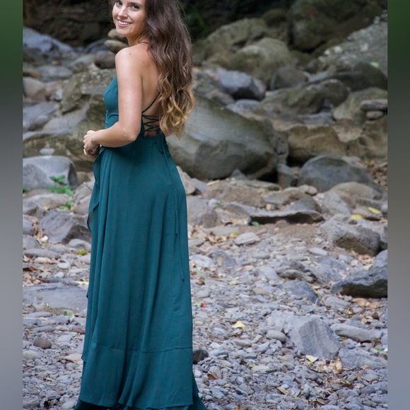 LULUS In Love Forever Emerald Green Lace-Up High-Low Maxi Dress - Picture 3 of 9